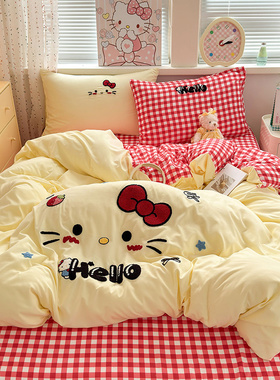 A类KT猫毛巾绣女孩床品四件套全棉纯棉感床单被套宿舍三件套床笠