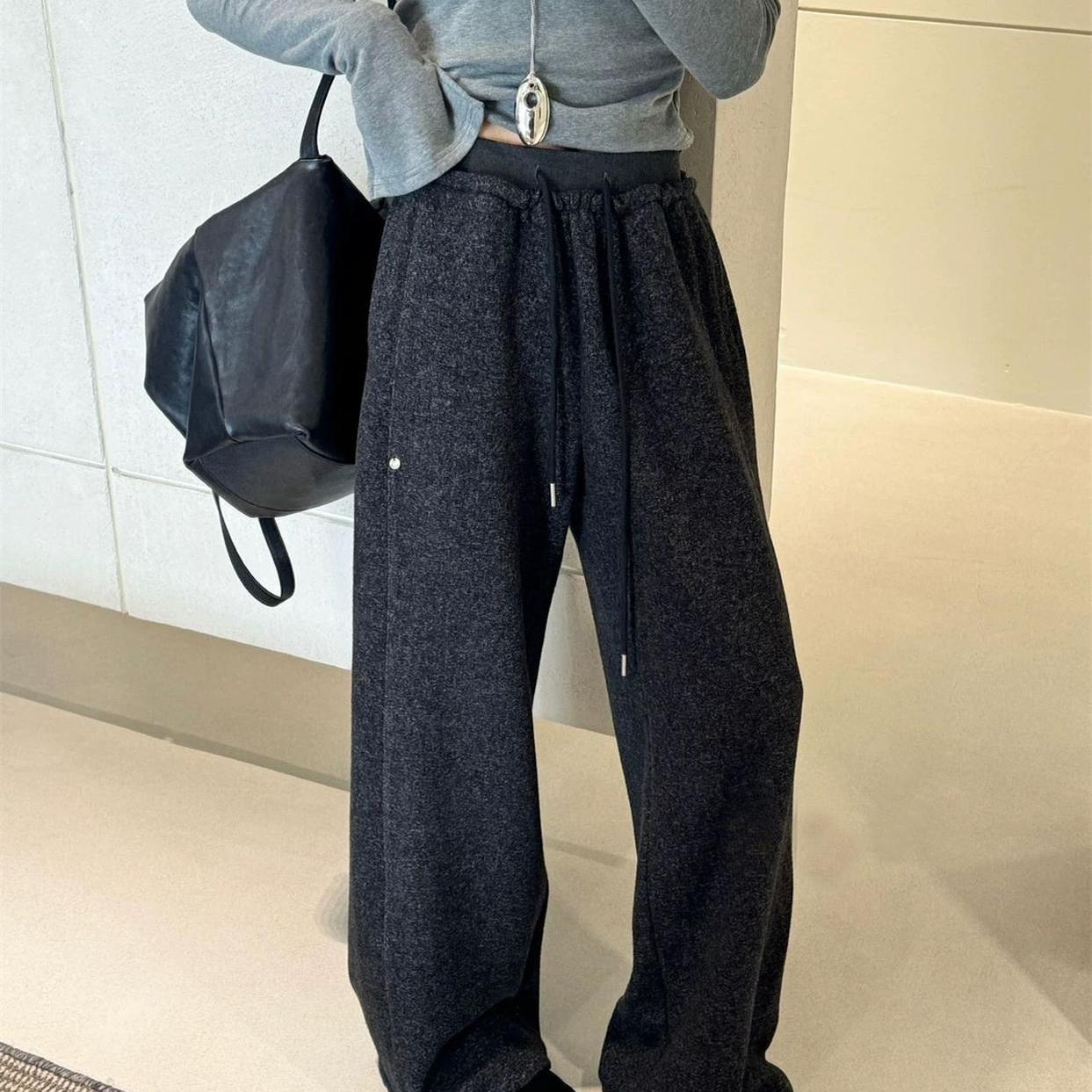 抽绳卫裤毛呢休闲垂感羊毛直筒裤