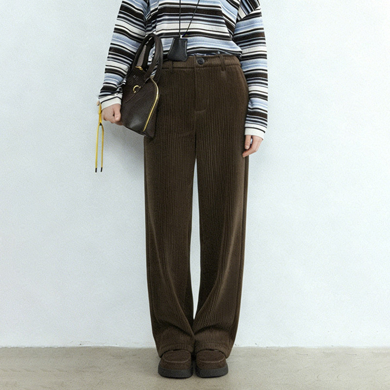 复古灯芯绒阔腿裤女高腰直筒休闲裤小个子显瘦长裤2025简约百搭款