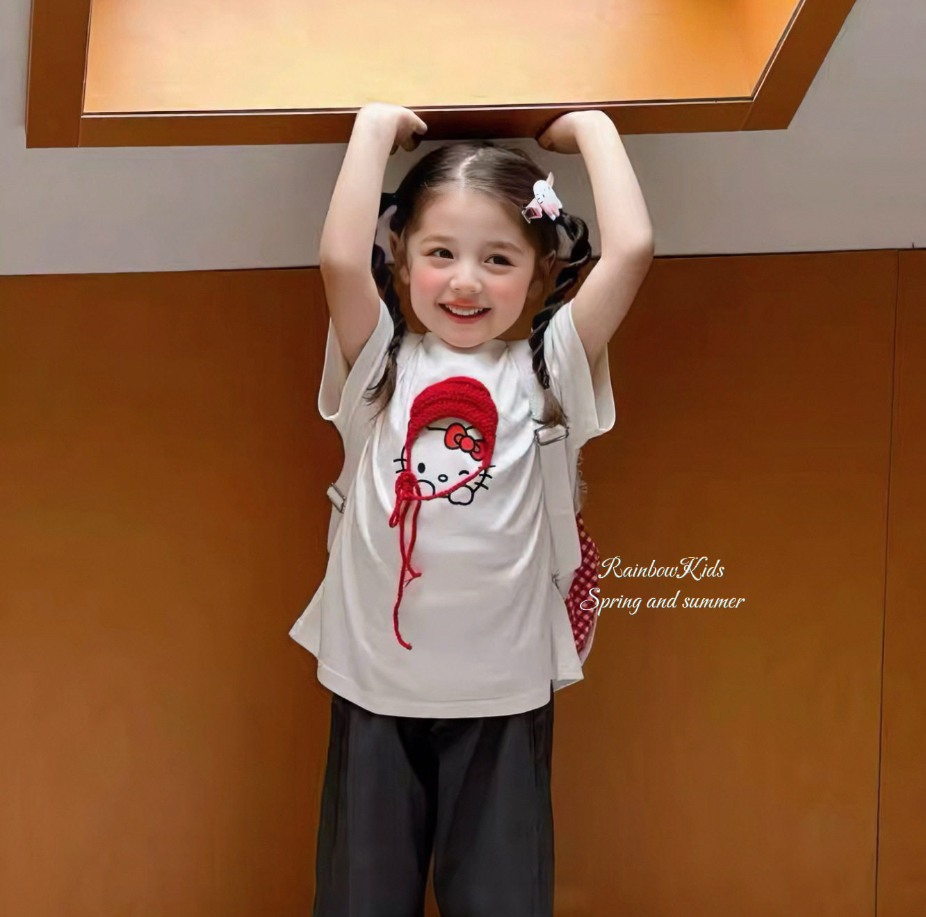 女童kt猫短袖T恤衫夏装2026女宝纯棉上衣满印卡通甜美立体白色T恤