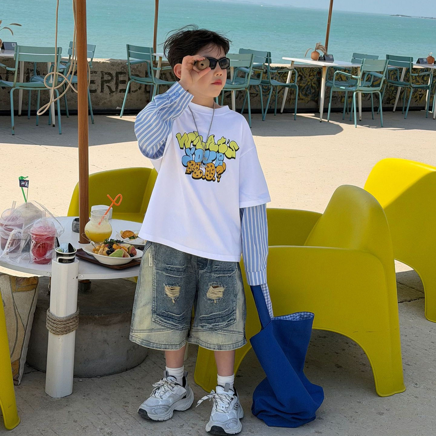 泰如2026夏季新款儿童韩版休闲拼接卡通T恤男童假两件长袖上衣潮