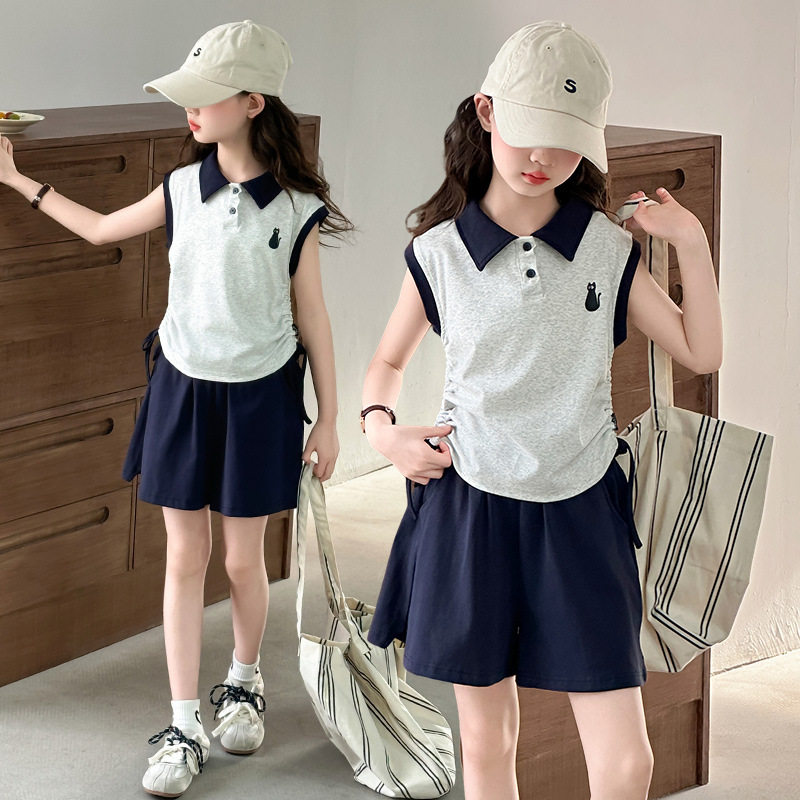 女童夏季运动套装2026新款儿童背心POLO衫短裤10两件套衣服12岁13