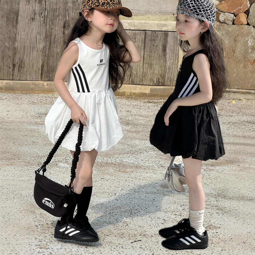 瑜瑜公主 女童夏季韩版运动风休闲无袖连衣裙 儿童织带花苞蓬蓬裙