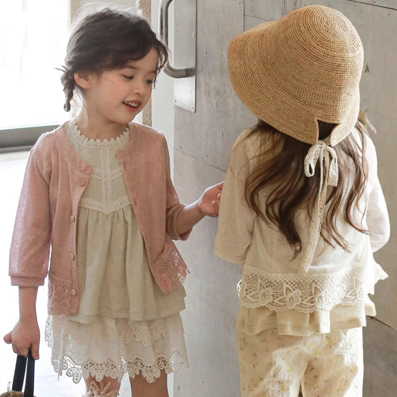 女宝宝户外防晒衣夏天空调衫女童纯色花边薄款小外套春夏季针织衫