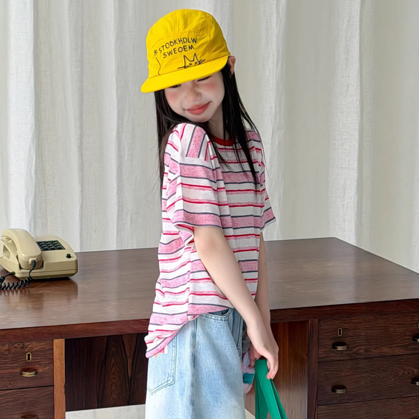 2026夏新款女童粉白条纹T恤韩版宽松儿童短袖上衣幢色休闲打底衫