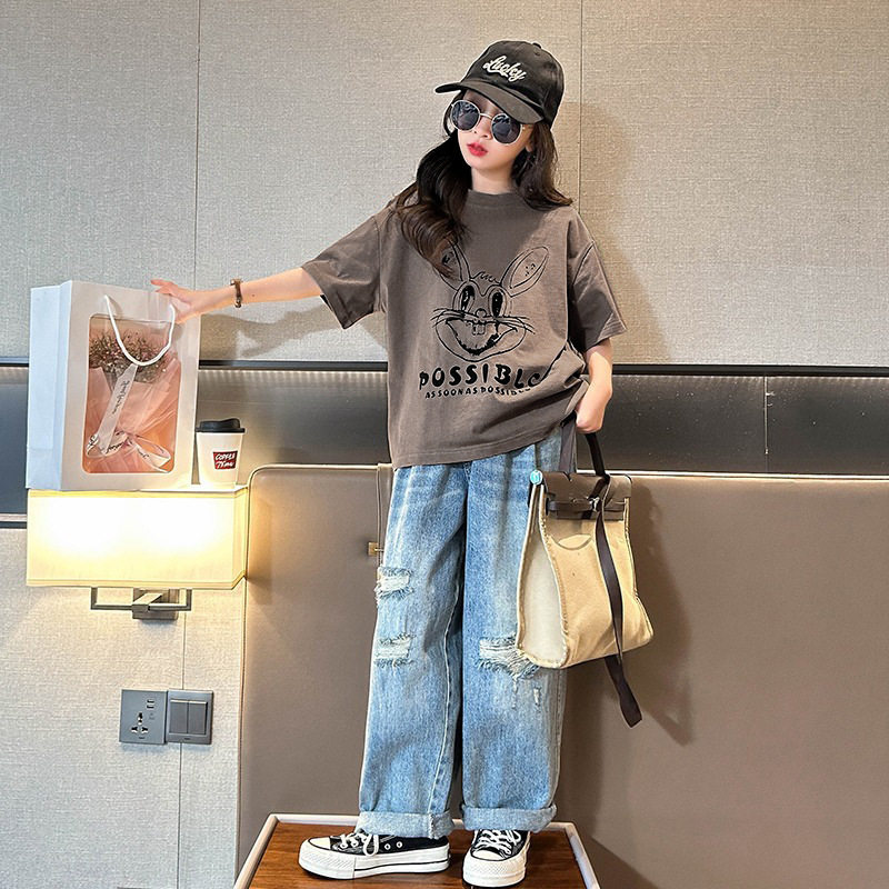 女童短袖纯棉t恤夏季新款宽松印花可爱潮洋气中大童上衣儿童t恤女