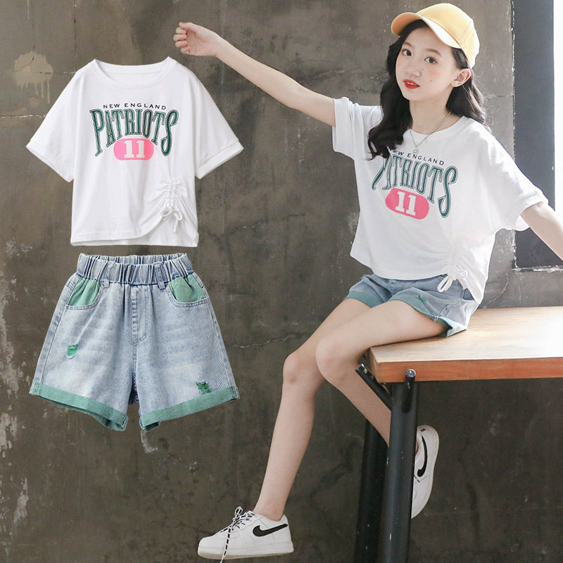 女童夏装套装2026新款儿童装洋气网红韩版大童牛仔短裤两件套女孩