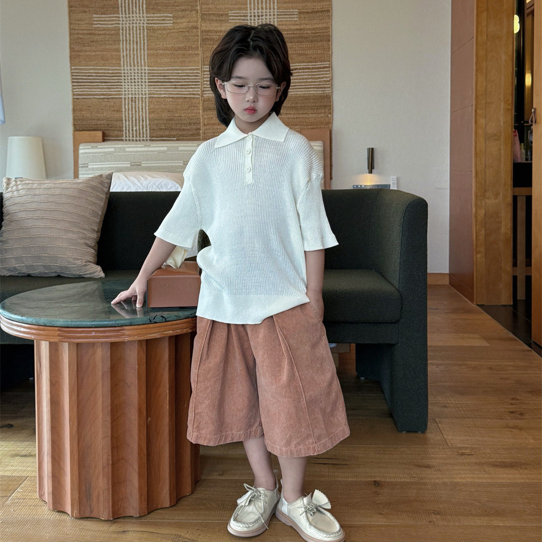 奶酪与喵男童裤子2026夏季新款儿童折杆棉布裤复古休闲阔腿中裤潮