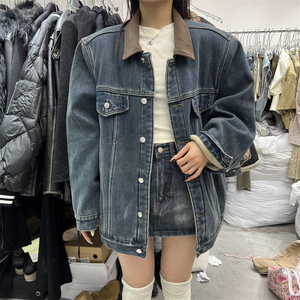 PLNH东大门2023秋冬新款小众设计感宽松显瘦拼接皮领加绒牛仔外套