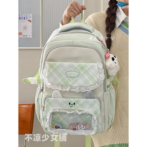 猫咪格子初中生书包高中学生大容量多隔层双肩背包甜美学院风痛包