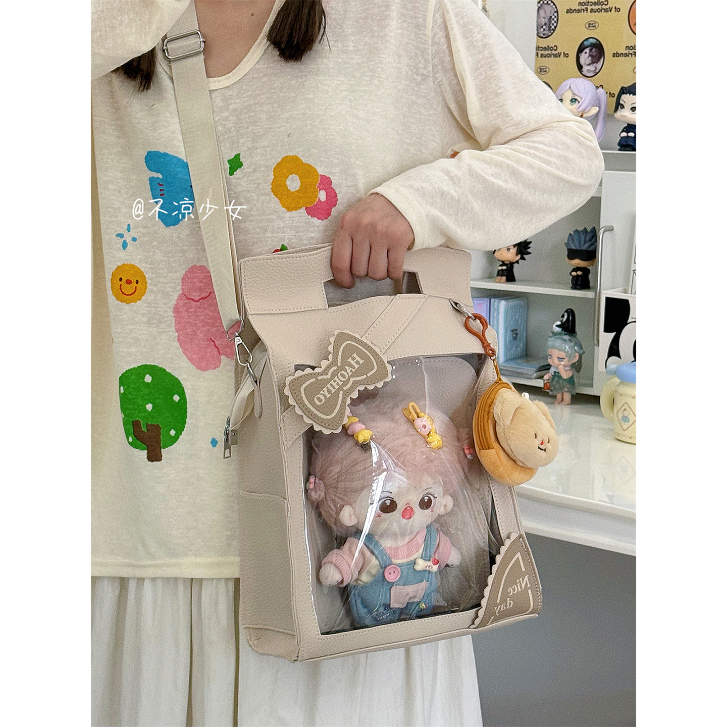 棉花娃娃手提包可爱蝴蝶结大容量小众PU单肩斜挎包女25cm痛包娃包