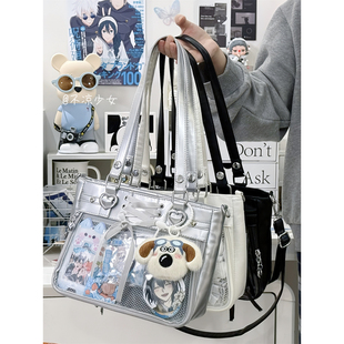 Y2K银色谷子丝带斜挎包日系学院风少女PU托特包扎板吧唧痛包娃包