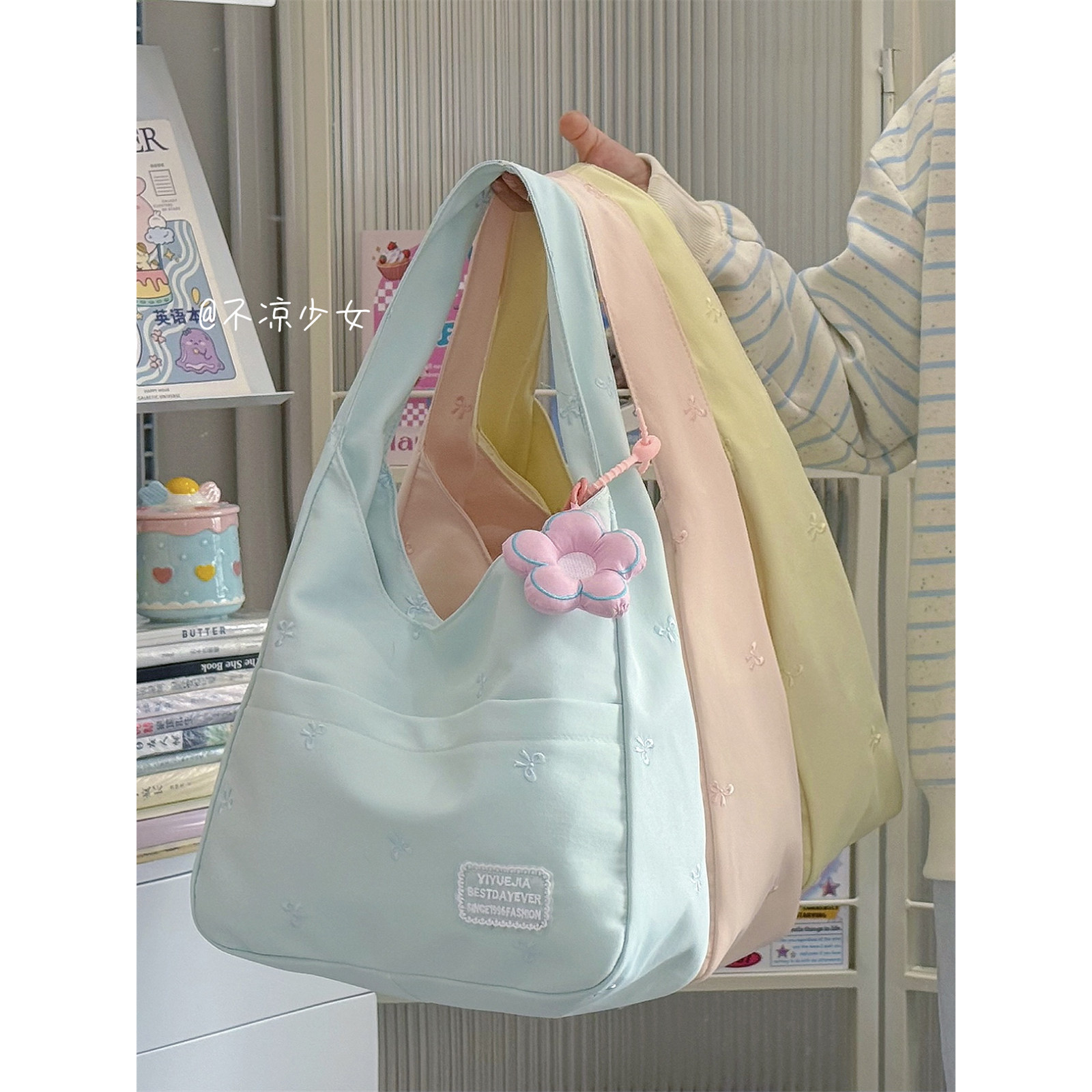 可爱清新小众单肩包韩系蝴蝶结刺绣大容量帆布包袋少女通勤托特包,箱包皮具/热销女包/男包,通用款女包,淘宝优惠券,粉丝福利购,淘宝优惠卷