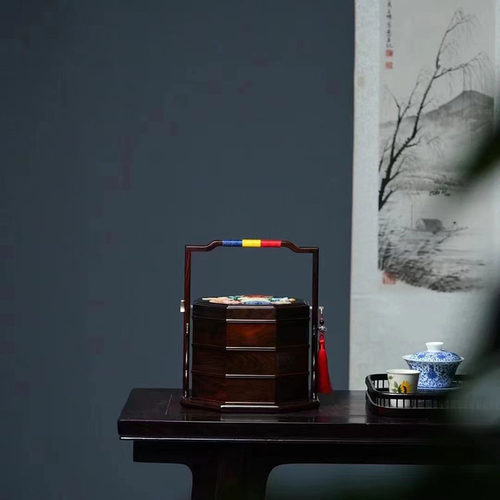 大红酸枝百宝嵌八角提盒中式复古分层红木零食盒糖果盒带盖果盒