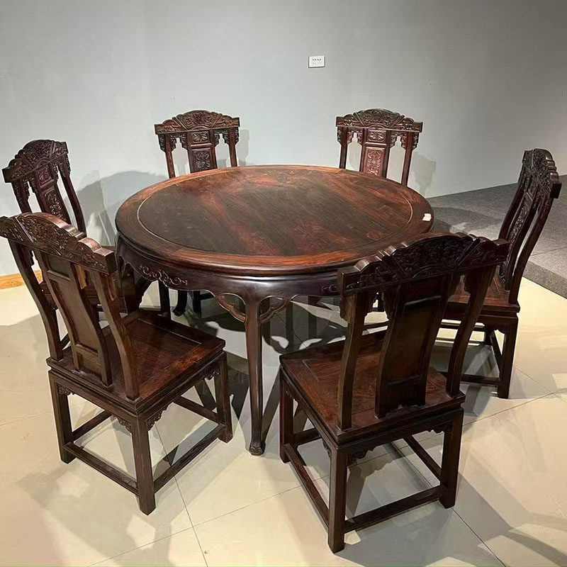 红木家具大红酸枝136cm圆餐桌七件套中式餐桌椅组合客厅饭桌 老料