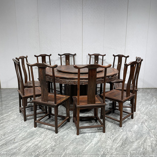 红木餐桌大红酸枝中式圆桌家用饭桌餐椅组合交趾黄檀仿古大圆台