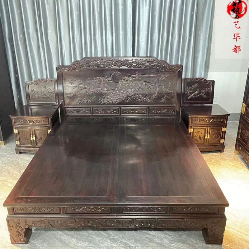 印度小叶紫檀双人床古典仿古雕花全实木红木卧室床1.8米婚床精品