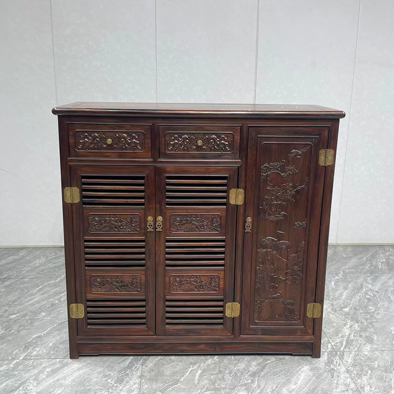 红木家具大红酸枝雕花鞋柜客厅新中式仿古储物柜交趾黄檀带抽鞋柜