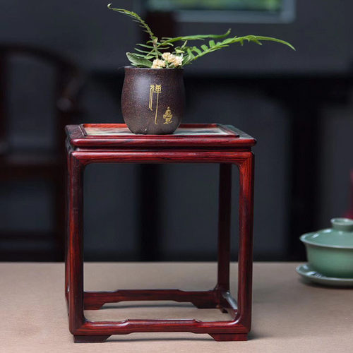 大红酸枝镶嵌云石独板明式花架正方高几玉器古董摆件花瓶盆景底座