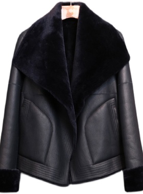 反季皮毛一体海宁皮衣加厚皮大衣女拼接款大翻领时尚修身皮草外套
