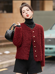 YF红色小香风羊羔毛外套女冬季2025新款洋气皮毛一体毛绒上衣