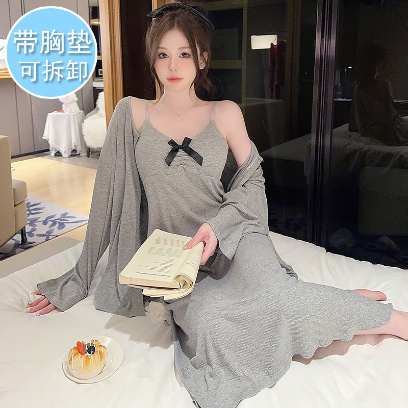 秋季带胸垫睡衣女开衫长袖睡裙