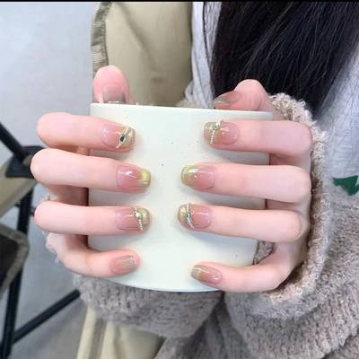 穿戴甲手工美甲成品假指甲贴片绿色猫眼渐变裸色腮红穿戴式甲片
