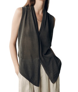 开 苣轻薄舒爽暗花亚麻ROW风纸片人假门襟弧形下摆堆肩针织马甲间