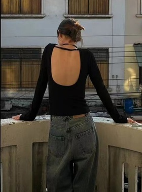 RA Bella约会 街头一字带修身露背长袖上衣 黑色/白色