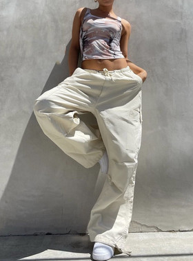 Hailey海狸演唱会私服燕麦米军绿色磨毛街头抽绳侧口袋宽松工装裤