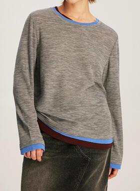 开间/澳洲SUPER120S可水洗羊毛舒弹软糯 三色撞色叠叠乐宽松长袖T