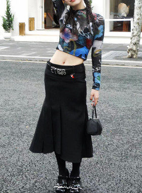 Dakiyo Bella约会私服~黑色白色鱼尾百褶裙复古包臀显瘦半身裙