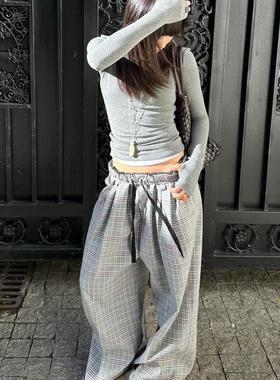 RARELY 廓形感格纹松紧腰宽松阔腿裤 格伦灰调/黑白格纹