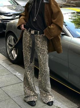 ECHOADE复古时髦街头感1OO%棉宽松微喇中低腰做旧水洗豹纹牛仔裤