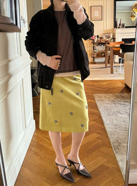 sage 绿柠麂皮烟花手工珠花半裙