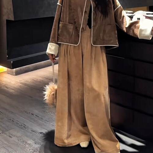 慵懒秋冬长裤小众高腰阔腿裤