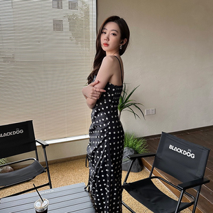 现货 TR她热黑白波点连衣裙吊带开衩裙女夏2025新款