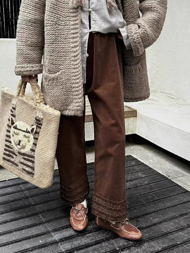 Owish 秋冬裤王日本超细棉质加厚灯芯绒木耳边休闲长裤