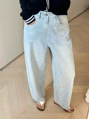 开间/人手B囤 欧洲进口极简连腰时髦WAN能宽松茧型9分胖丁牛仔裤