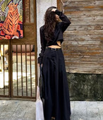 Dakiyo 百褶半裙长裙 西装 黑色低腰百褶垂坠阔裙A字半身裙长款 春季
