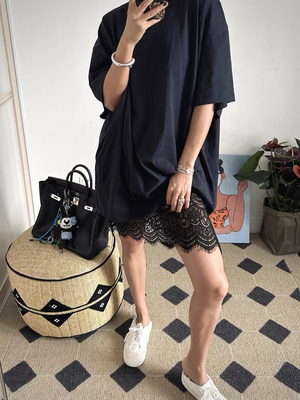 ECHO精致小圆领Oversized落肩设计大廓形短袖时髦精T恤连衣裙ADE