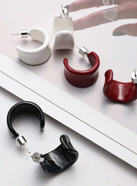 珐琅滴釉C型925银耳环法式轻奢高级感百搭简约气质耳钉耳饰女春夏