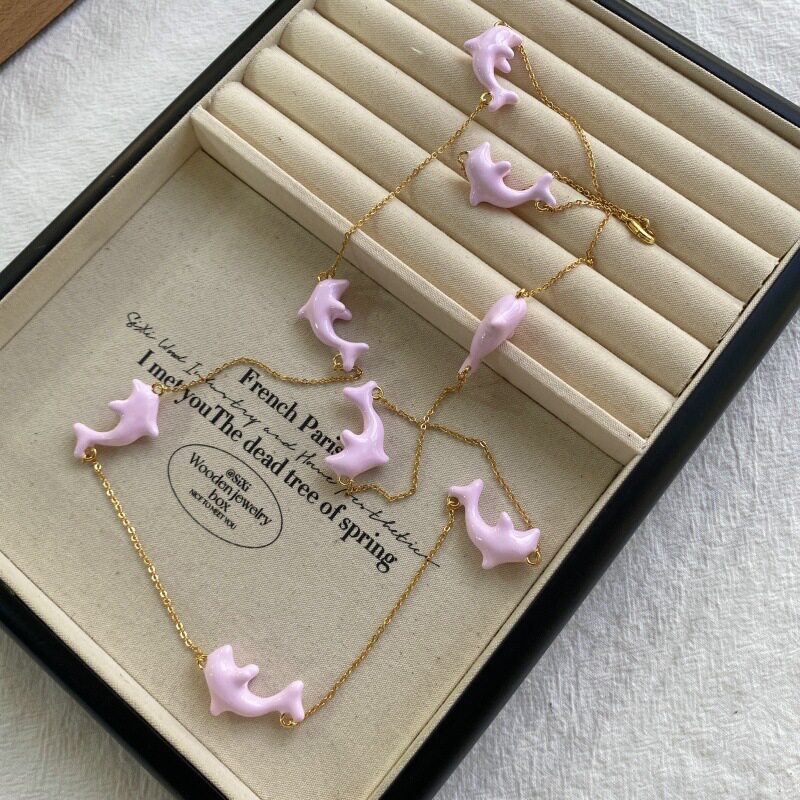 夏季新款婴儿粉海豚项链小众设计度假风高级感时尚叠戴长款锁骨链