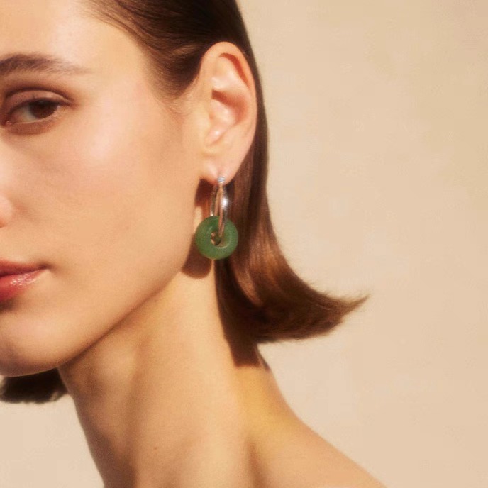 新中式撞色复古玛瑙石圆圈耳环女简约小众设计一款两带可拆卸耳饰