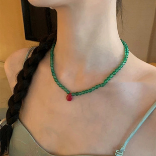 MONA张琦贤同款天然石串珠项链女绿玛瑙红水滴轻奢小众颈链锁骨链