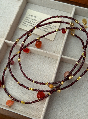 石榴石串珠项链复古酒红小众设计女高级感锁骨链复古风质感天然石