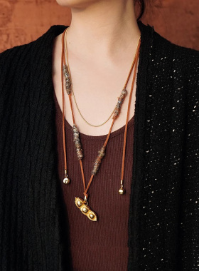 小众复古豌豆麂皮编织项链女复古高级感长款叠戴可调节锁骨链