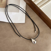 保色可调节小众颈链极简冷淡风银色光面水滴项链黑绳度假风毛衣链