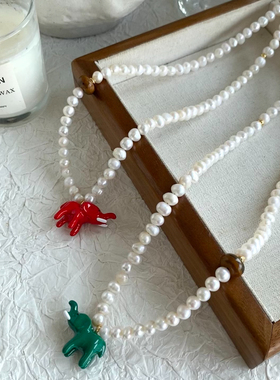 天然珍珠小象多色项链简约时尚韩风虎眼石滴釉珐琅彩新年红色项链