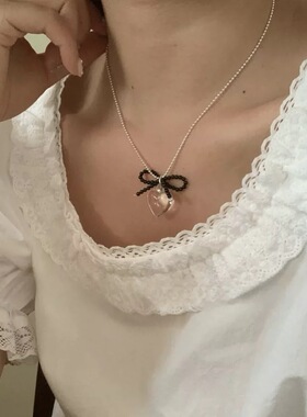 日韩银色蝴蝶结透明爱心吊坠项链女小米珠甜美锁骨链清冷百搭少女